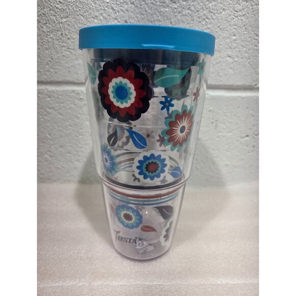 Tervis Tumbler 24oz Fiesta Flowers Floral Blue Red Blue Lid - Picture 1 of 6